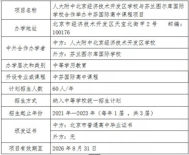 人大附中北京經(jīng)濟技術(shù)開發(fā)區(qū)學校與芬蘭圖爾庫國際學校合作舉辦中芬國際高中課程項目